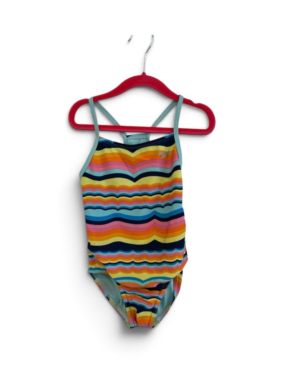 Speedo Girls Rainbow Wave Stripe One-Piece Swimsuit - Light Blue Trim